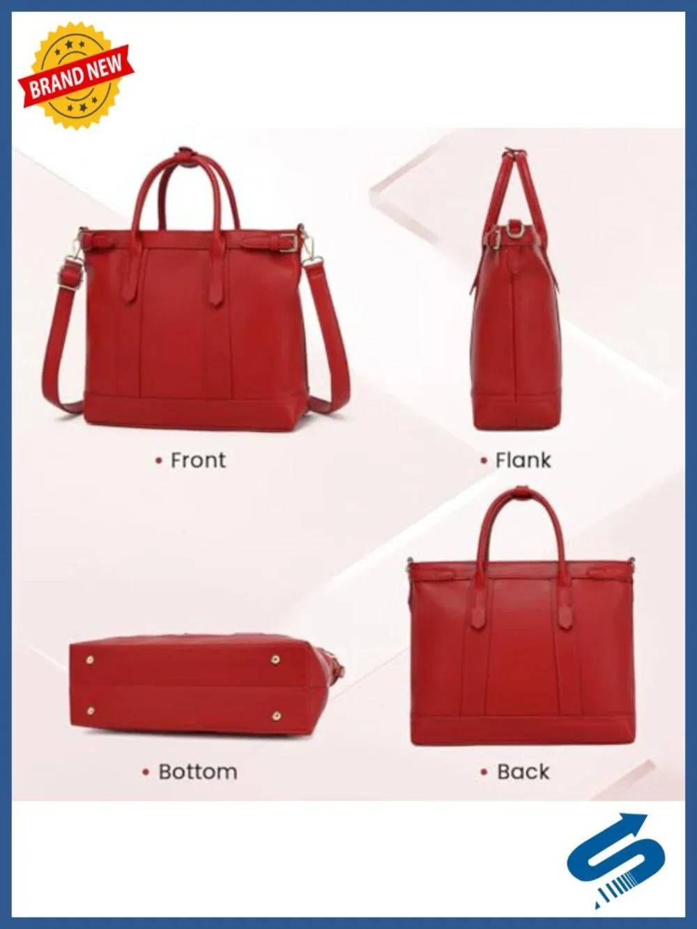 Medium Vegan Leather Tote Handbag with Zipper, Multiple Pockets & Adjustable